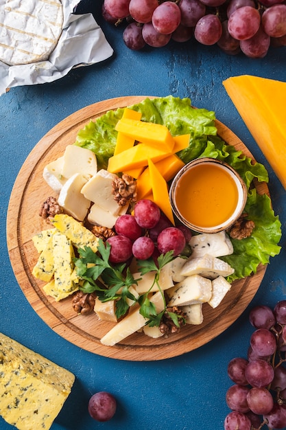 Delicious cheese board. Top view