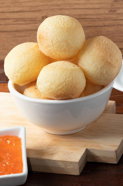 Delicious cheese bread pao de queijo in a bowl