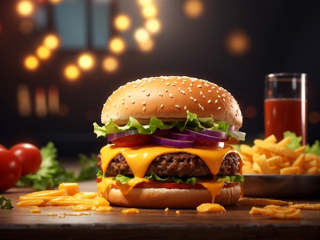 Delicious cheese burger on the table