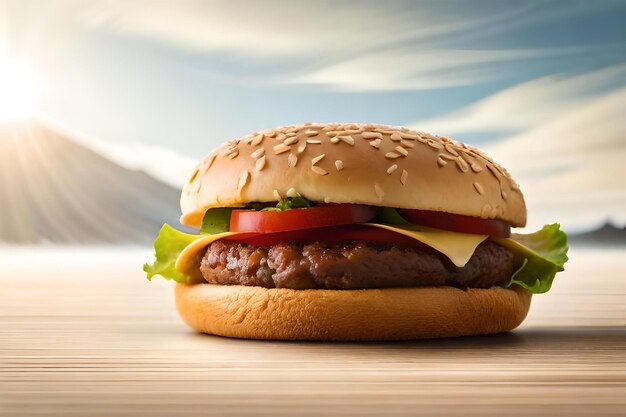 Delicious cheese burger with fresh vegetables and sesame bun with sky background