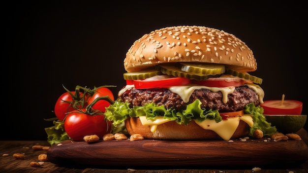 Delicious Cheese Burger on Wooden Background