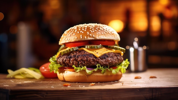 Delicious Cheese Burger on Wooden Background