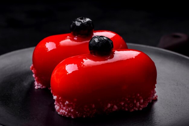 Delicious cheese cakes with red coating made for Valentine's holiday Sweets for the holiday table