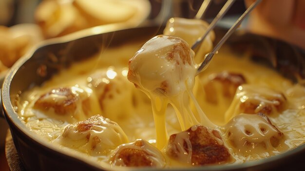 Delicious cheese fondue with dipping forks coated in melted cheese