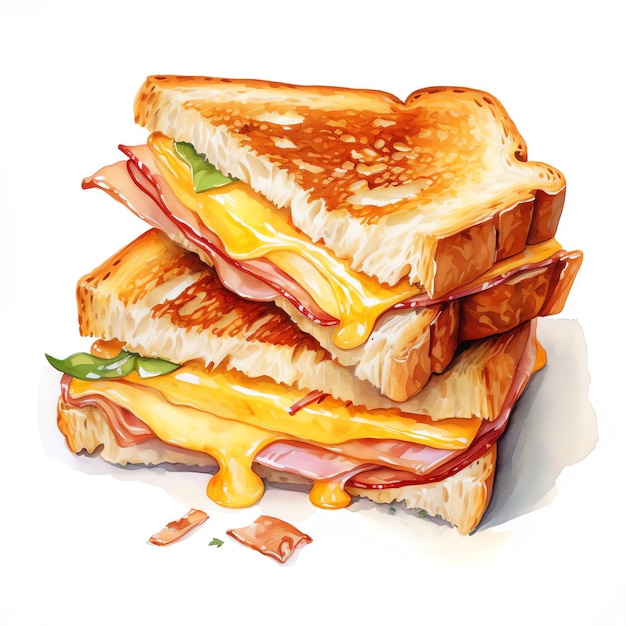 Delicious Cheese and Ham Toastie A Mouthwatering Watercolor Clipart