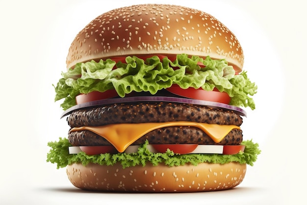Foto hamburger di formaggio delizioso con hamburger di pomodori su sfondo bianco isolato