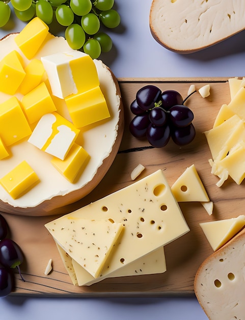 Delicious Cheese Photography Flat Lay Mix with Grapes and Copy Space