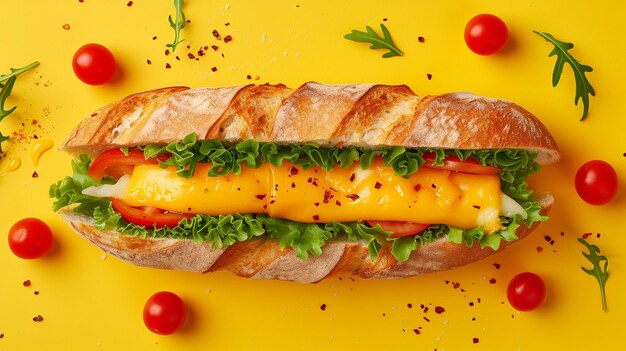 Photo a delicious cheese sandwich isolated on yellow background