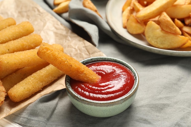 Delicious cheese sticks and ketchup on table closeup