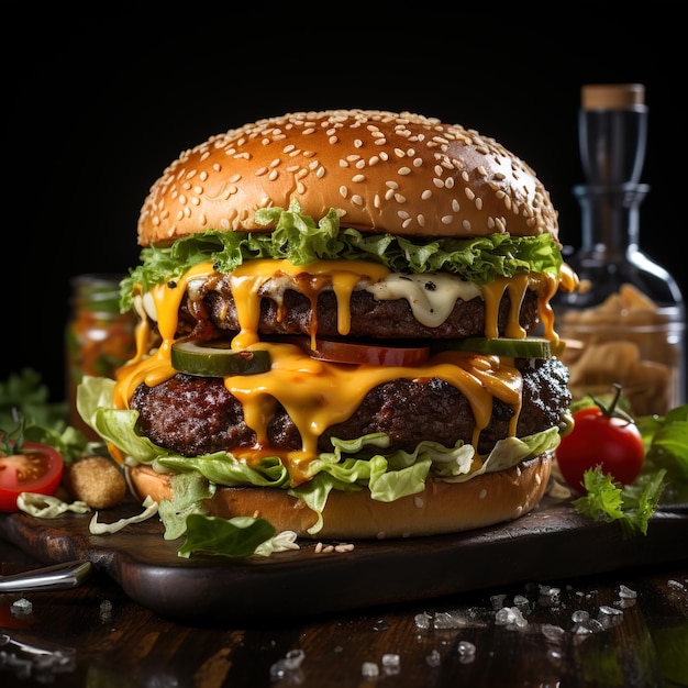 Вкусный чизбургер, подаваемый на деревянной тарелке, соблазнительный фаст-фуд на темном фоне.