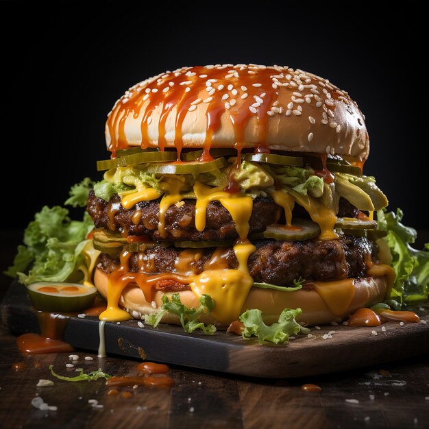 Delicious Cheeseburger Served on a Rustic Wooden Platter Tempting Fast Food on a Dark Background