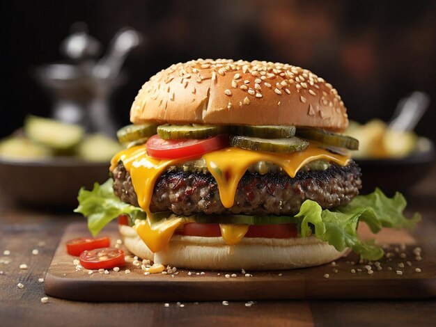 Delicious cheeseburger with beef patty lettuce and tomato