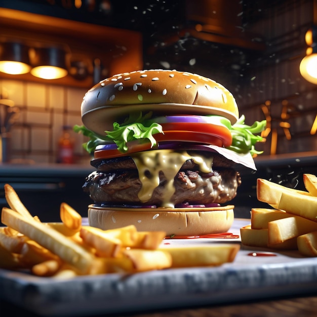 Delicious cheeseburger with fries culinary masterpiece combines the savory flavors of beef cheese