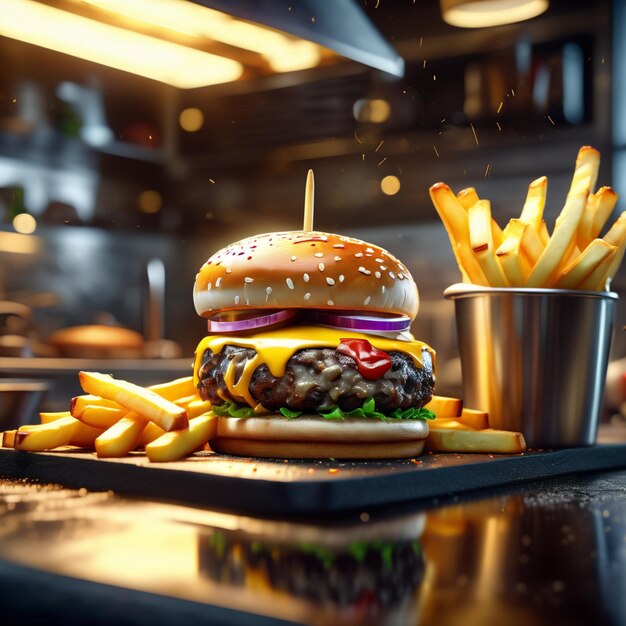 Delicious cheeseburger with fries culinary masterpiece combines the savory flavors of beef cheese