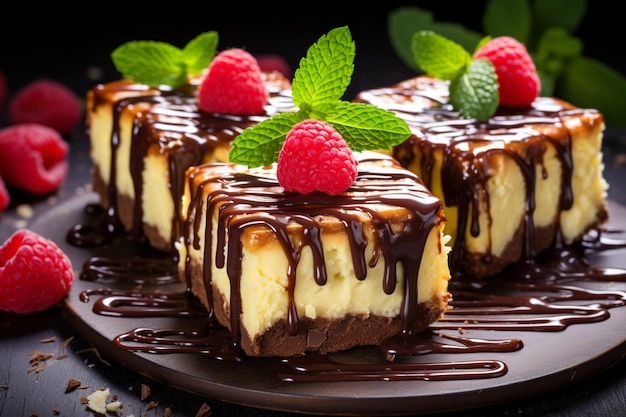 Delicious Cheesecake Slices with Chocolate Drizzle Bakery Freshness