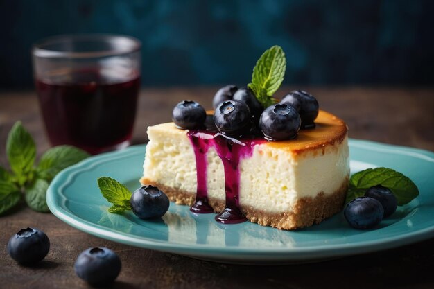 Photo delicious cheesecake with blueberry and mint on plate