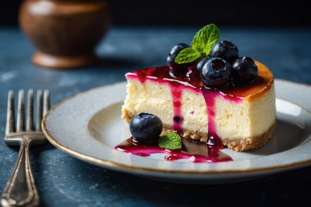 delicious cheesecake with blueberry and mint on plate