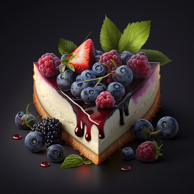 delicious cheesecake with fresh berries on a plate with blurred background