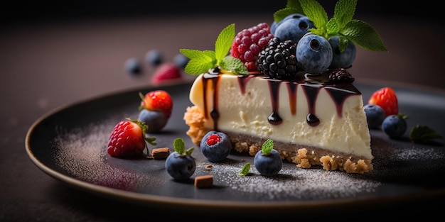 delicious cheesecake with fresh berries on a plate with blurred background