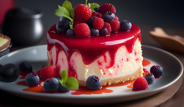 Delicious cheesecake with fresh raspberries background Generative AI