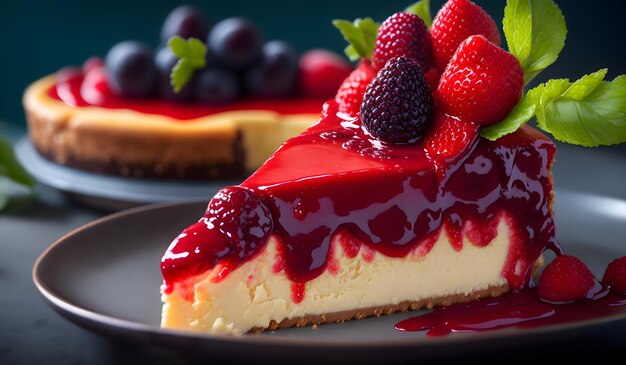 Delicious cheesecake with fresh raspberries background Generative AI