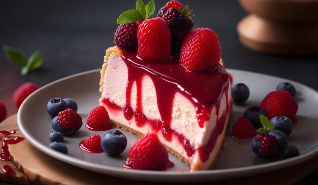 Delicious cheesecake with fresh raspberries background Generative AI