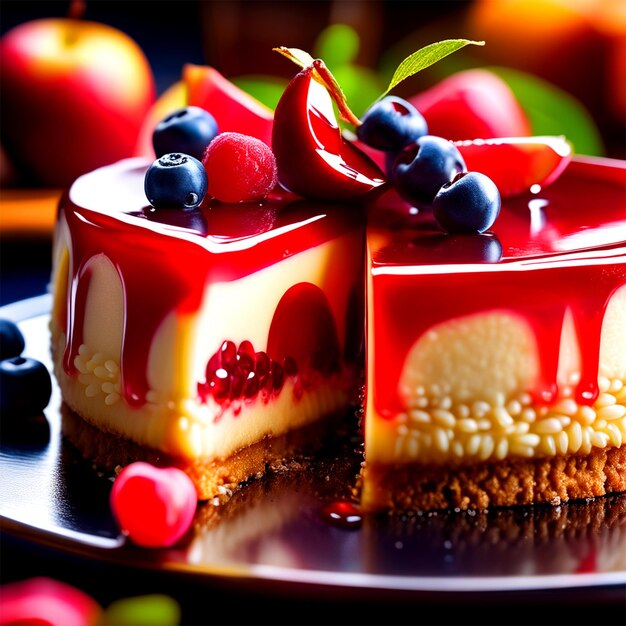 A Delicious Cheesecake With Fruits Rouges Accompanied With A Glass Of Apple Juice Minimalist Backgro