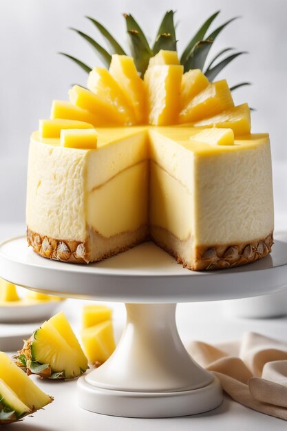 A delicious cheesecake with pineapple sauce in colored background healthy idea