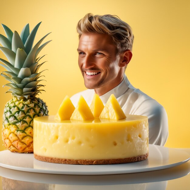 A delicious cheesecake with pineapple sauce in colored background healthy idea