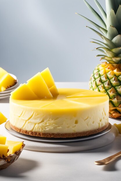 A delicious cheesecake with pineapple sauce in colored background healthy idea