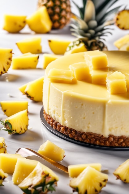 A delicious cheesecake with pineapple sauce in colored background healthy idea