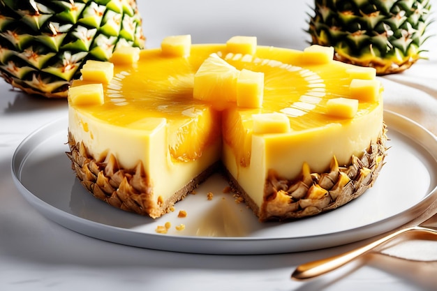 A delicious cheesecake with Pineapple sauce in colored background healthy idea