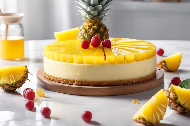 A delicious cheesecake with pineapple sauce in colored background healthy idea