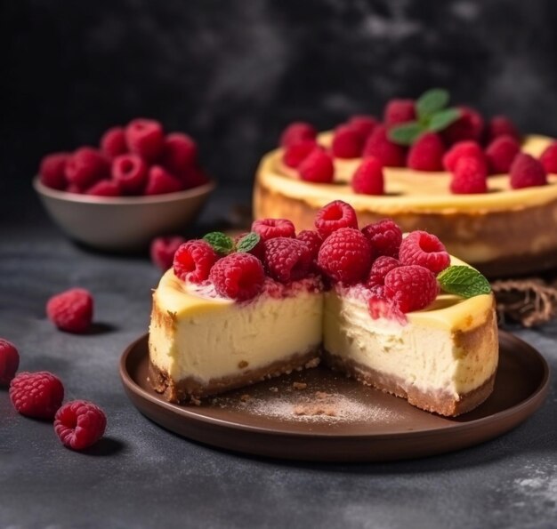 Delicious cheesecake with raspberries Generative AI