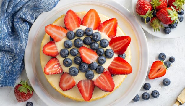 вкусный сырный торт с клубницами и чернилами на тарелке с яркими цветами, выстреленными сверху