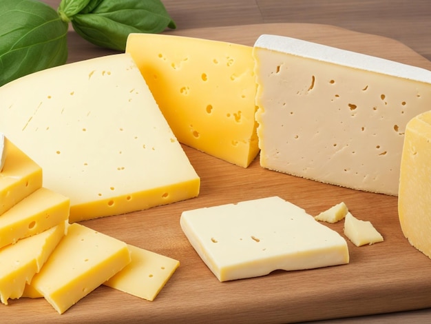 Delicious cheeses are on a table