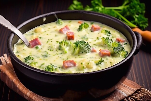 Delicious Cheesy Broccoli and Kielbasa Soup in a pot on a black wooden table horizontal view from a