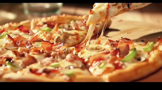 Фото Вкусный сырный кусочек пиццы поднимается с добавками, созданными искусственным интеллектом.
