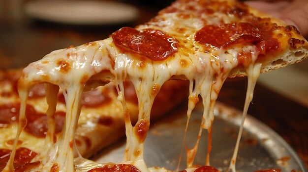 Photo a delicious cheesy pizza with pepperoni the pizza is so cheesy that the cheese is dripping off the slice it is sure to satisfy your hunger