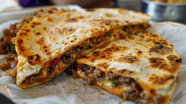 Photo a delicious and cheesy quesadilla filled with ground beef bell peppers and onions