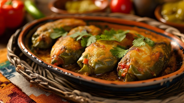 Delicious Cheesy Stuffed Bell Peppers in Tomato Sauce on Wooden Table