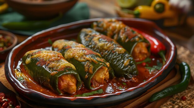 Photo delicious cheesy stuffed bell peppers in tomato sauce on wooden table