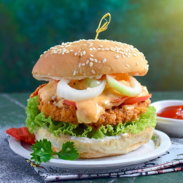 Foto delizioso cheesy zinger burger generare ai