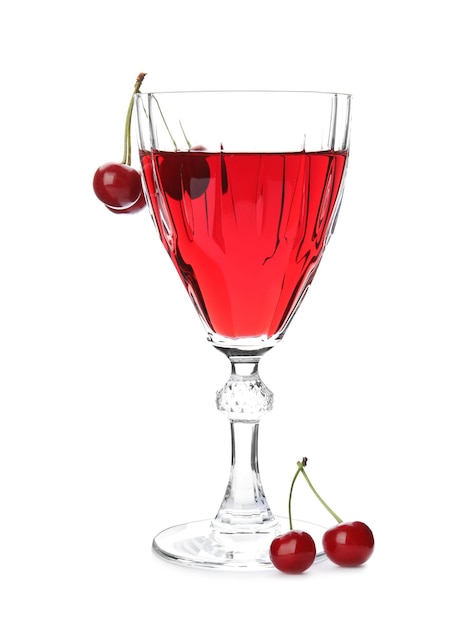 Delicious cherry wine with ripe juicy berries isolated on white