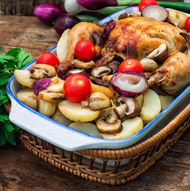 Delicious chicken baked potato and fresh vegetables