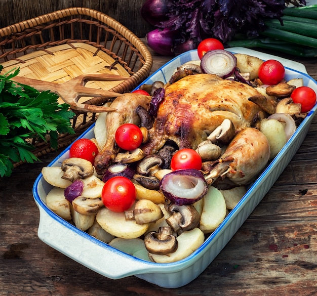 Delicious chicken baked potato and fresh vegetables