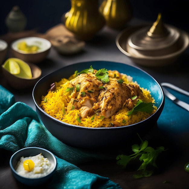 a delicious chicken biriyani accompanied