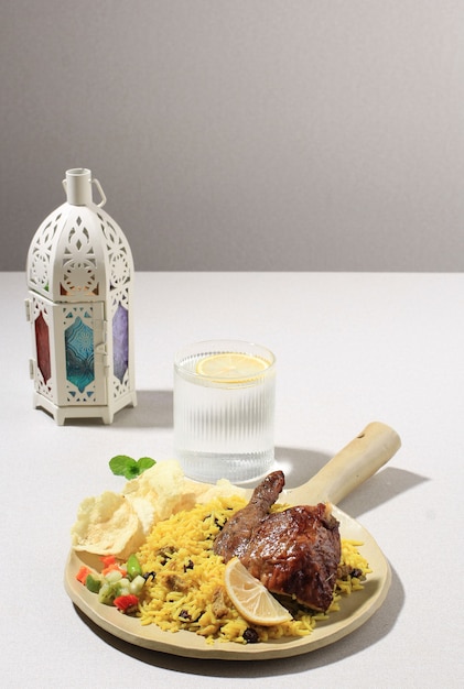 Foto biryani delizioso pollo sul piatto di ceramica. piatto briyani bellissimo piatto di riso indiano. delizioso arrosto di pollo piccante biryani in piastra quadrata su sfondo lunatico, popolare indiano, arabo e pakistano.