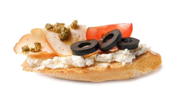 Delicious chicken bruschetta on white background Traditional Italian antipasto