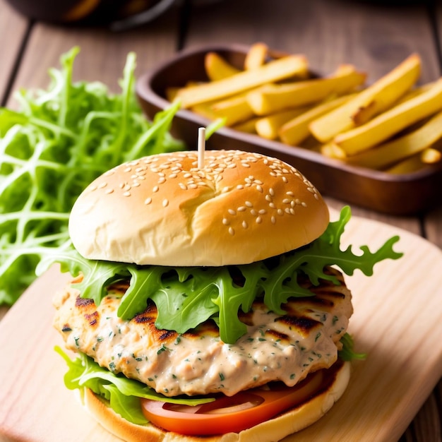 Delicious chicken burger with cheese, tomato and lettuce